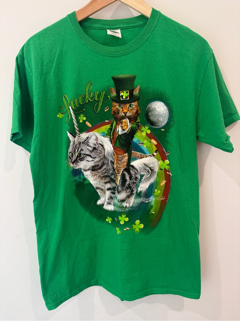 St Patrick’s Day Cat T Shirt Unisex Green Lucky Cats 100% Cotton Women M Men S